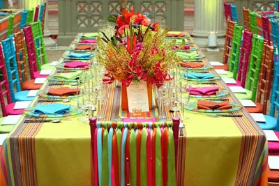 The bright colors of the 'NEXT at the Corcoran' exhibit, which showcases the works of graduating seniors at he College of Art and Design, inspired the tables on the second-floor bridge just outside the gallery.