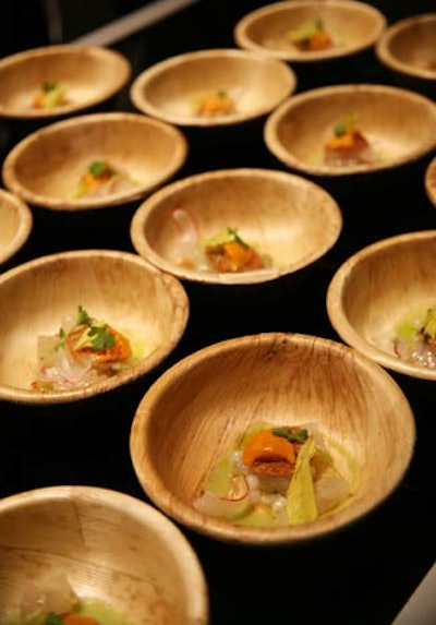 Boulud served tai snapper ceviche with spring radish, cucumber, sea urchin, and tapioca pearls.