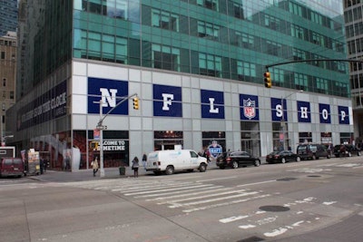 The N.F.L.'s first New York pop-up shop is housed inside the vacant 42nd Street and Avenue of the Americas space that has seen temporary platforms from Dylan's Candy Bar and Target. In addition to decals, the league is using window space to promote the draft event with a countdown clock.