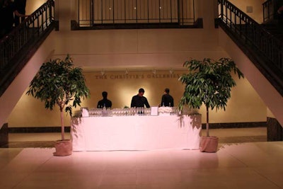 During the cocktail reception on the main floor of Christie's Auction House, the producers set up multiple bars to prevent guest congestion. Bartenders served two specialty cocktails, dubbed 'Midnight Highball' and 'Le Fizz,' made with Grey Goose's new Cherry Noir flavor.