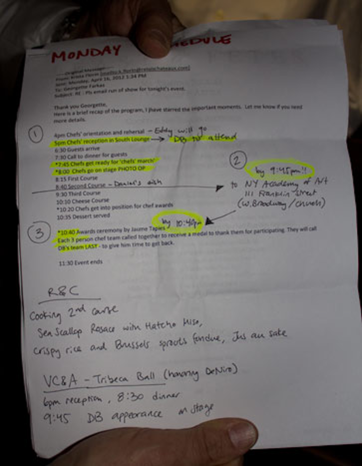 Here is a look backstage of a master chef’s evening. Check out the super-detailed timeline of the dinner, along with Daniel’s recipe for Scallops Rosace (that’s rosette for us Americanos). Note that he had to sneak away to go to another event, the Tribeca Ball honoring Robert De Niro, then race back to Gotham Hall for the R&C grande finale.