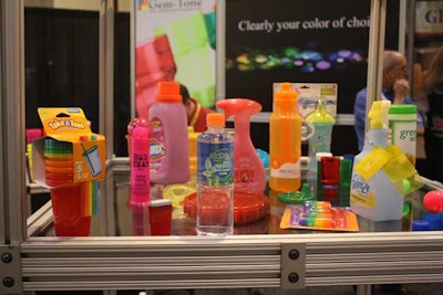 DayGlo Color Corporation displayed a variety of plastic products that derive their bright colors from its powder pigments.