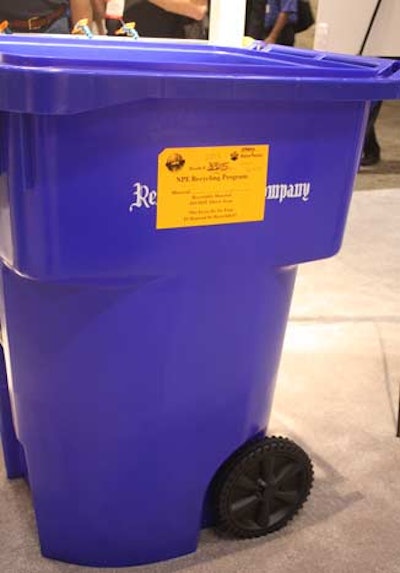 Maine Plastics is coordinating the show's recycling effort. The company will separate, transport, and reprocess materials collected in blue bins placed around the show floor. Organizers expect to surpass 125,000 pounds of recyclable materials, the amount collected at the last N.P.E. in 2009.