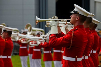The U.S. Marine Drum and Bugle Corps entertained crowds at a welcome ceremony Thursday.
