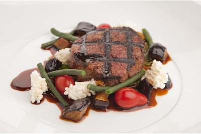Lemon Grass Beef Tenderloin, Crispy Basmati Rice Crackers, Long Beans, Grape Tomatoes, Thai Eggplant, Tamarind Jus