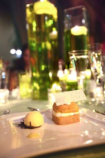 Design Cuisine served a passion fruit tres leches cake with passion fruit sorbet and whipped cream for dessert.