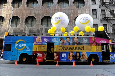 To showcase and incorporate its latest advertising campaign into the event on Wednesday evening, Oxygen parked a bus covered with brand graphics outside the Dream Downtown. Large balloons filled the upper deck, a machine blew bubbles over the entrance carpet, and female staffers dressed as 'Generation O' girls cheered when guests arrived.