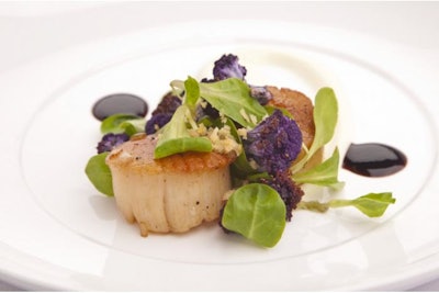 Pan roasted sea scallops, roasted purple cauliflower florets, truffled cauliflower puree, buttered lemon bread crumbs, cream of balsamic