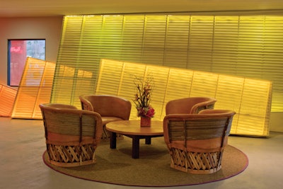 Colorful panels provide a splashy backdrop for lobby seating.