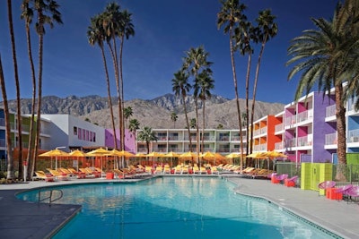 The new Saguaro Palm Springs is distinguished by its rainbow-painted facade.