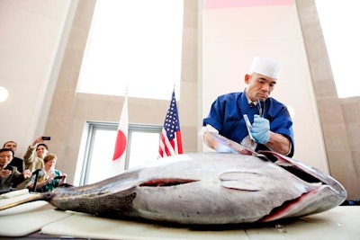 Chef Toru Oga of Oga’s Japanese Cuisine in Boston performed a Maguro-Kaitai ceremony, the traditional ritual of breaking down an entire 150-pound tuna for sushi.