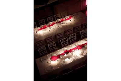 Torpedo Factory, long tables of fuchsia carnation runners.