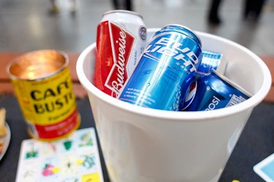 Other decorative items had a no-frills look, with plastic buckets and coolers filled with cans and bottles of beer and candles set in old Café Bustelo cans.