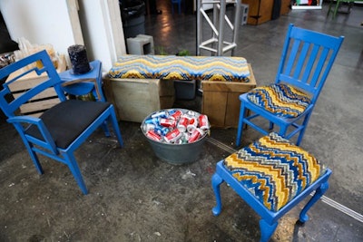 The materials employed for the event were an important aspect of the production, and Markus Daly Ryan looked beyond the standard rentals to find furnishings that would provide a more casual look. This included using found furniture, which was painted and reupholstered (in Univision brand colors) to give the pieces a second life.