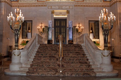 The Empire ballroom, accessed by a short staircase, is off the hotel's gilded lobby.