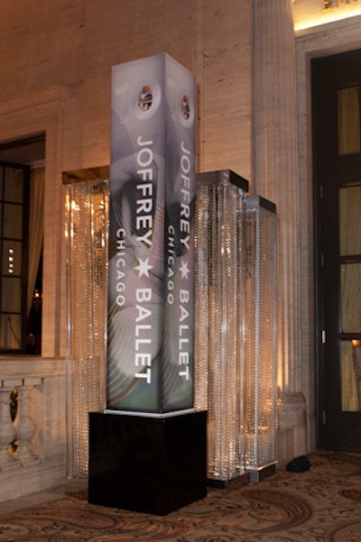 Illuminated columns with the ballet's logo stood sentry outside the Empire ballroom, where the 'Grand Finale' after-party took place.