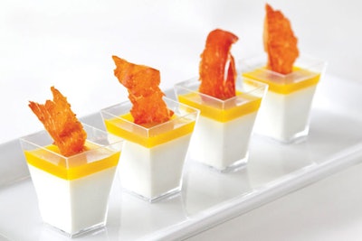 Gorgonzola panna cotta with yellow beet gelée and prosciutto crisps, by Love Catering Inc. (323.936.7400, lovecateringinc.com) in Los Angeles