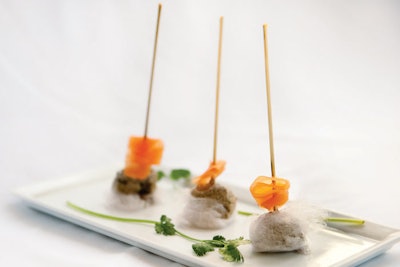 Chicken liver mousse skewer with Chinese five-spice cotton candy, by Eat & Smile Foods in Washington