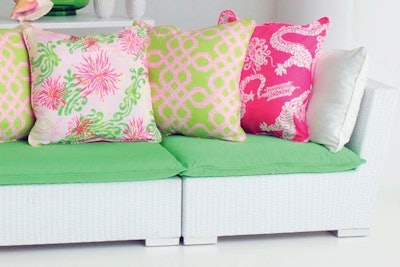 Lily Pulitzer collection, $275 for the corner section with cushion and two pillows; $225 for the armless section with cushion and two pillows; available throughout the Northeast and mid-Atlantic, from Taylor Creative Inc.