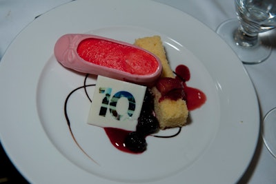 Served with olive-oil cake and a white chocolate that acknowledged the board's milestone anniversary, dessert was an edible ballet slipper filled with watermelon mousse.