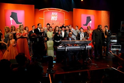 In Race to Erase MS tradition, a rendition of 'Lean On Me' served as the evening's finale, this year led by Stevie Wonder, who was joined by Nancy Davis, LaToya Jackson, Noelle Scaggs from Fitz and the Tantrums, Clay Walker, David Cook, the Tenors, and an array of past American Idol contestants.