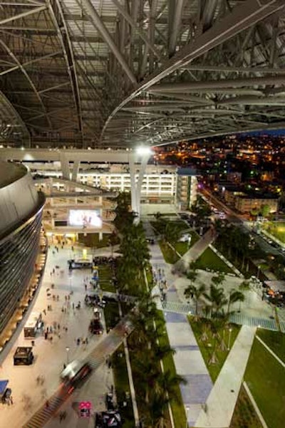 The walkway area in the West Plaza is a busy thoroughfare. The park features a retractable roof that can open or close in less than 15 minutes.