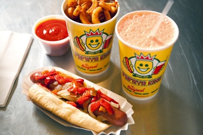 All-Beef Franks, Curly Fries, and Tropical Juice from Papaya King
