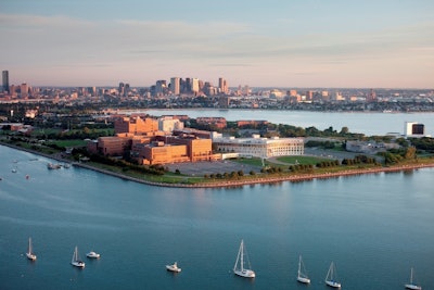 Aerial View of UMass-Boston: City Skyline and Water Views