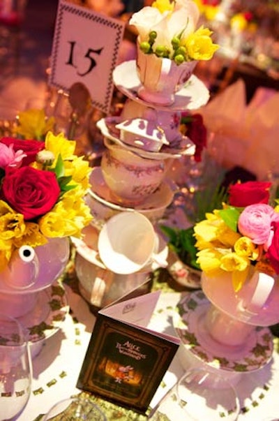 Like the settings, table centrepieces varied. Stacks of teacups and flowers created one look, flamingos with eyelashes and hedgehogs created a second.
