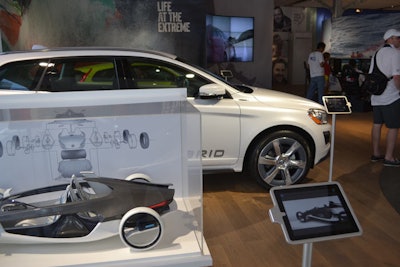 To take advantage of the consumer audience, Volvo featured many of its latest vehicles, including its hybrid offerings, inside its pavilion. Details on the vehicles were accessible via iPads, while concept car models complemented the displays.