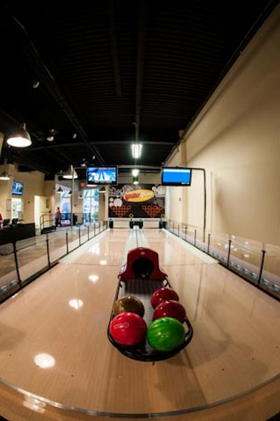 The venue has two self-serve bowling lanes that can accommodate up to seven players at a time. Lanes are about half the length of a full-size lane and do not require players to wear special shoes.