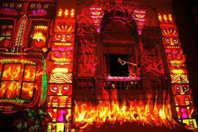 Flames projected on surrounding buildings contributed to the event's pyro-centric themes.