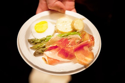 Michael Lomonaco of Porter House New York served local asparagus salad with egg, aged country ham, and fingerling potato salad, also inspired by James Beard's American Cookery.