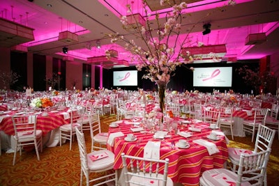Brooks Brothers donated orange and pink linens. Suzanne B. Lowell designed the rosy lighting scheme.