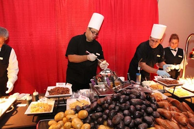 The mashed potato sundae bar consisted of three potato varieties representing ice creams: Yukon Gold for French vanilla, Peruvian Purple for chocolate, and sweet potato for strawberry. Toppings included crumpled Gorgonzola and aged balsamic (standing in for sprinkles and chocolate syrup); queso blanco sauce and bacon bits for marshmallow and sprinkles. Adding caramelized plantains made a banana split.