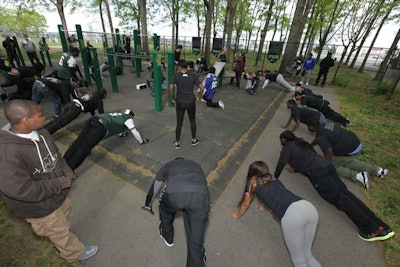 Nike's 'Fast Is Faster Field Day' event was broken into three different parts, with consumers starting at two separate locations before joining the student group at Pier 46. One of the challenges outside the pier began in East River Park and was led by Bartendaz founder Hassan Yasin-Bradley.
