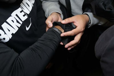 The participants of the challenges were outfitted with Nike FuelBands, a wristband that tracks and measures movement. Using the accompany mobile app on iPads, Nike was able to record the speed of everyone involved and transfer this information to a leaderboard set up at Pier 46.