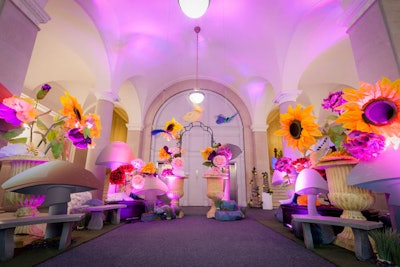 Alice in Wonderland-inspired decor for the Canadian Cancer Society's Daffodil Ball included an oversize garden at the entrance of the historic Windsor Station in Montreal.