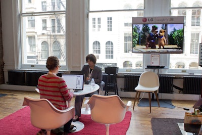 Similarly, LG's booth was furnished in pink and white, and provided large TV screens for guests to watch between sessions.