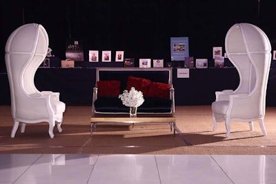 Lounge areas in the night's theme colors provided seating in the dance tent.