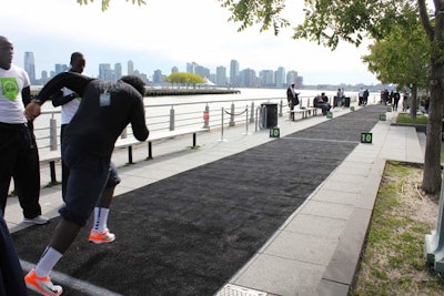 With the bulk of the sunken turf-covered lawn at the pier devoted to other activities, the producers used the site's southern walkway as the venue for a 40-yard dash.
