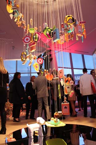 Boston-based Target collaborator Polka Dog Bakery had its doggie wares displayed in a spiral, chandelier-like installation that hung from ceiling-mounted rigging. At the base was a tongue-in-cheek reminder of the shop's key, four-legged customer.
