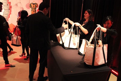 Special tote bags emblazoned with the Target logo were handed out to guests as parting gifts. Inside were treats that represented each of the four collaborative partners for the Shops at Target.