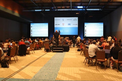 Except for the four breakout sessions, the entire Mashable Connect program took place inside the Contemporary Resort's Fantasia Ballroom. Between presentations, large screens on either side of the stage displayed the #MashCon Twitter feed.