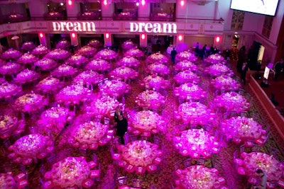 Held at the Waldorf-Astoria, as it has been for many years, the Breast Cancer Research Foundation's Hot Pink Party filled the storied hotel's ballroom with its namesake hue. This year the April 30 fund-raiser saw more than 1,200 guests and paid tribute to the organization's founder Evelyn Lauder with the theme, 'My Fair Evelyn's Dream.' As part of this, the planning team and decor consultant Monroe Alechman incorporated the word 'dream' into the evening's design, with gobos illuminating the walls of the dinner space.