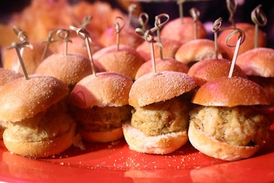 Three buffets in the dance's tent held savory bites such as crab cake sliders, waffle chips, and lettuce wraps with chicken and steak.