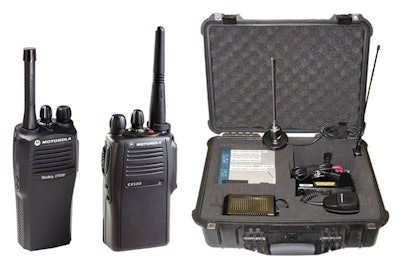Motorola products shown: CP200 Walkie-Talkie, EX500 Walkie-Talkie, and Base Station (for longer range reception).
