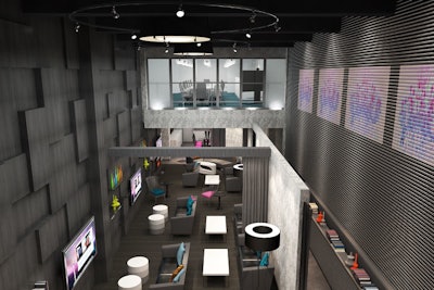On the main floor, a spacious lounge will seat as many as 60 or hold 150 standing. Curtained room dividers will allow for more intimate group meetings.