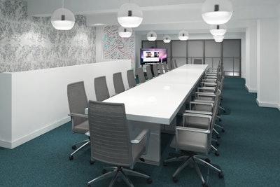 The design in the mezzanine-level conference room will be kept simple with a palette of mostly white with metallic accents to match the rest of the space; it will seat 30.