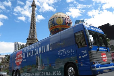The Vote Travel bus stopped in Las Vegas April 12 for a rally the U.S. Travel Association hosted in partnership with the city's Chamber of Commerce.